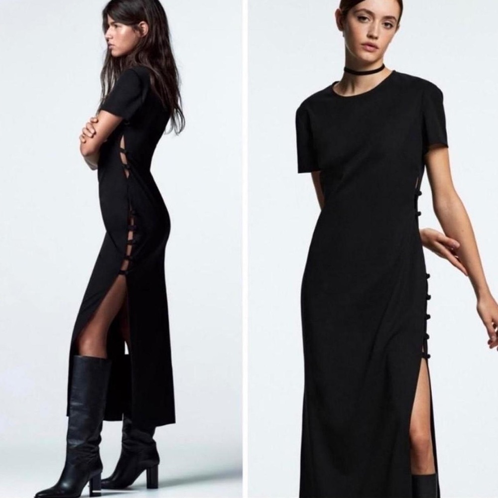 Zara Classic Black Short Sleeve Maxi Dress with side cutouts